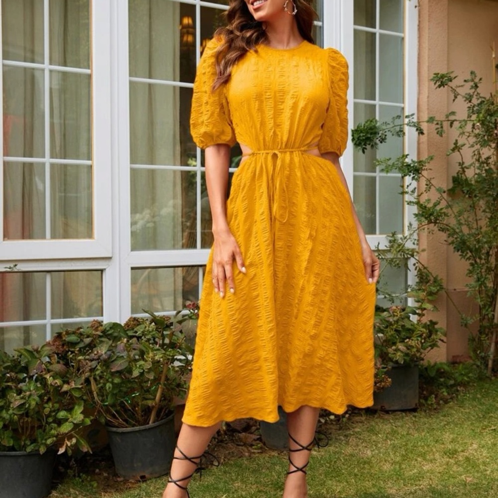 Puff sleeve cut out waist sun dress